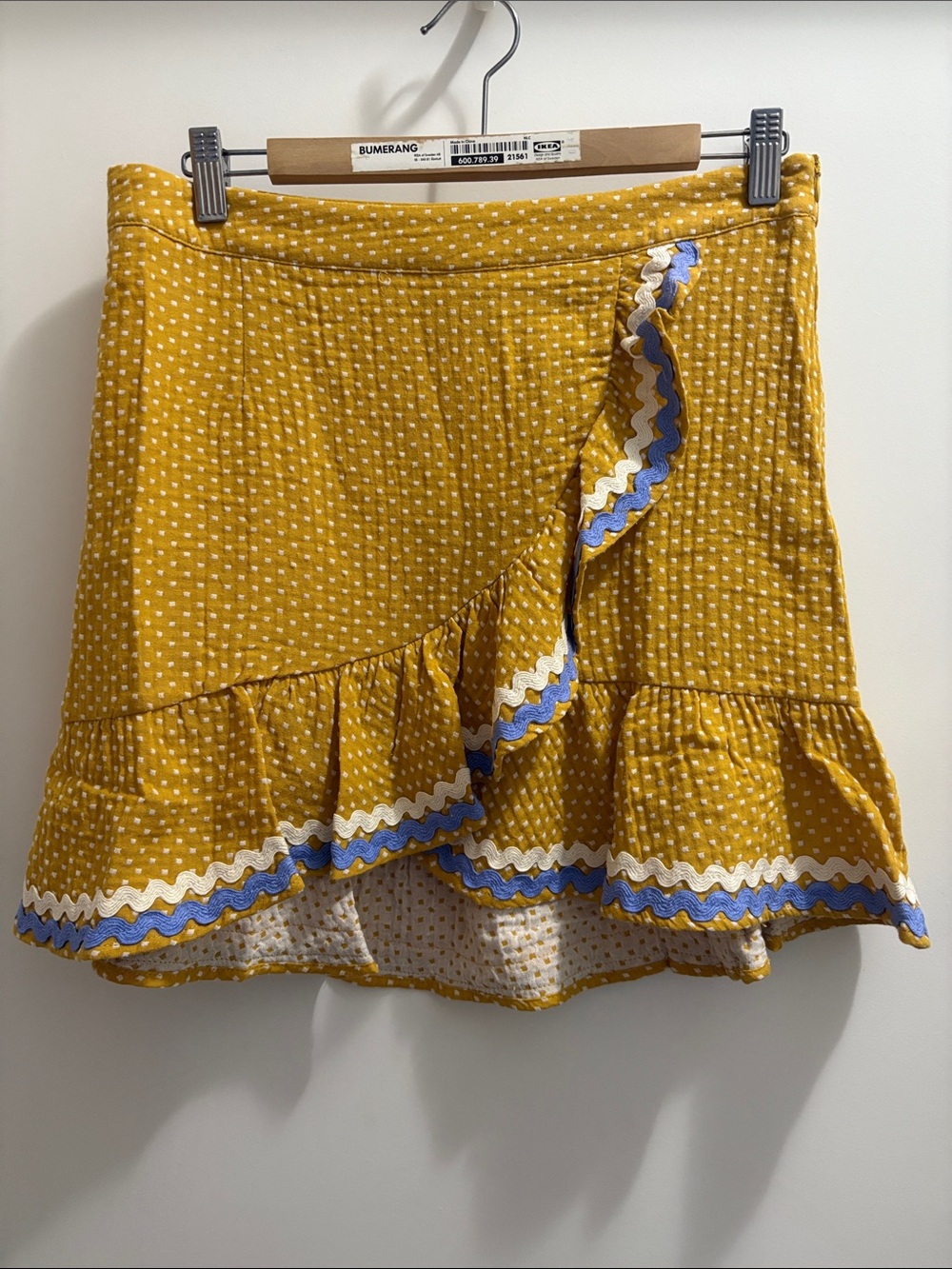 THML Mustard Yellow Polka Dot Ruffle Wrap Skirt with Blue & White Trim
